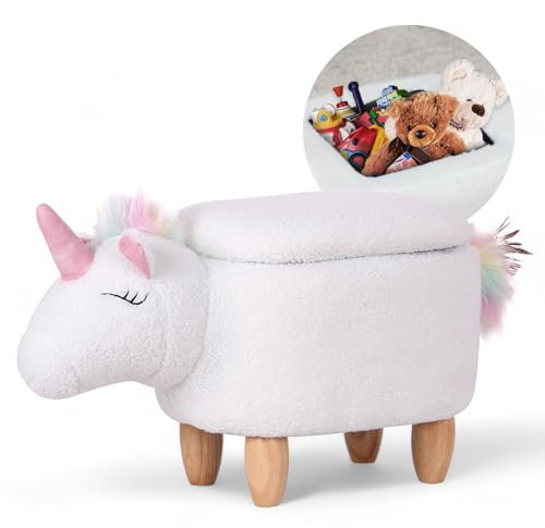 Suleno® Einhorn-Tierhocker mit Stauraum - Niedlicher Organizer & Sitzbox für Kinder, weicher Plüschbezug, Holzbeine, dekorative Möbel für Kinderzimmer 68 x 33 x 40 cm