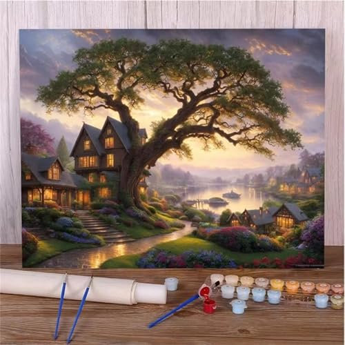 Malen Nach Zahlen Erwachsene Baumhaus DIY Handgemalt Ölgemälde Set für Anfänger mit inklusive Pinsel und Acrylfarben Geschenke und Home Haus Deko(Ohne Rahmen) - 55x70cm