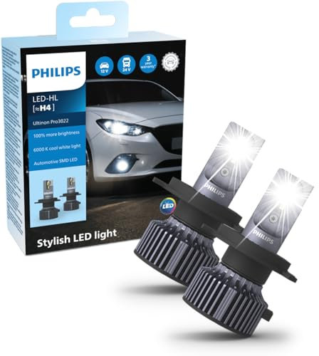 Philips Ultinon Pro3022 LED ampoule de phare automobile (H4), +100%, lumière blanche et froide à 6.000K, set de 2