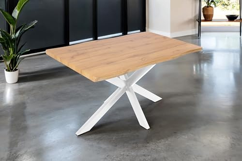 SAM Esstisch Josy 140x80 cm Holz Wildeiche-Optik Spider-Gestell weiß | 40 mm Tischplatte mit Baumkante, Metallgestell, Tisch für Esszimmer & Küche