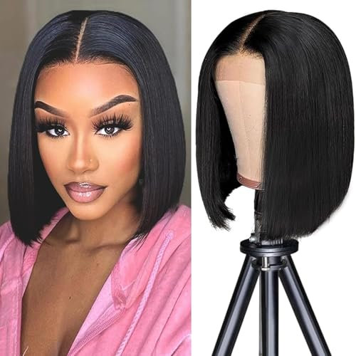 Brasilianische 13 x 4 Spitzenfront Perücke - Kurz Echthaar für Damen, Natürliche Farbe, Straight Bob Lace Wigs, 8 Zoll, Menschliches Haar
