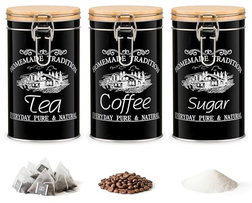 Danmu Art 3Pcs Tea Coffee Sugar Canisters 1L Airtight Kitchen Storage Jars | Matte Black Tin Jars for Tea,Coffee,Sugar,Grains,Snacks,Cereal,Nuts,Spices,Dry Food,Spring Lock & Rubber Seal Keep Fresh.