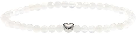LAKADA Echtes Mondstein Edelstein Armband mit facettierten 4mm Perlen und Edelstahlherz Heilstein Schutzstein Edelsteinarmband Glücksbringer Talisman Geschenk (Mondstein, 18CM, S)