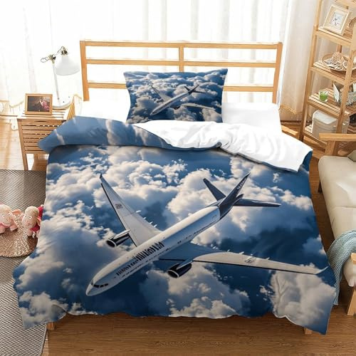 DAFUfbw Bequem Flugzeug Bettwäsche Personalisiert Airbuse Steppdeckenbezug Mit Kissenbezüge: 48 X 75cm Bettbezug Microfaser Bettdeckenbezug Für Erwachsene & Kinder Single（135x200cm）