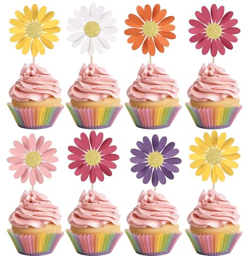 24 Stück Daisy Kuchen Deko Glitzer Gänseblümchen Tortendeko Daisy Cupcake Toppers für Chrysantheme Thema Baby Dusche Hochzeit Geburtstag Party Kuchen Dekoration Buntes