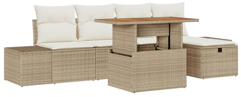 vidaXL 6-teiliges Garten-Sofa-Set mit Kissen | Rattan-Modulares Gartenmöbel für drinnen und draußen in Beige Creme für die Sitzterrasse, Lounge, Moderne Couch, Gespräche