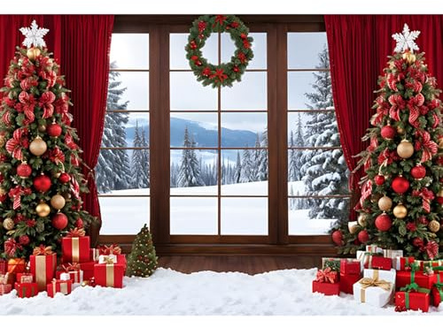 GCIREC 10x6.5ft Rot Weihnachten Winter Fenster Weihnachtsbaum Geschenke Dekorationen Schnee Wunderland Weihnachten Familie Urlaub Party Fotografie Hintergrund Banner Fotostudio Kinder Requisiten