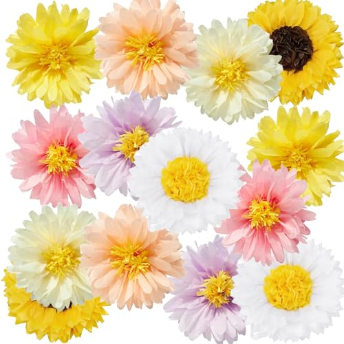 MisFun 14 Stück Pompons Deko, Papierblumen Dekoration Deko Party, Pastell Gänseblümchen Dekos, Papierblumen zum Aufhängen, Hochzeitsdekoration, für Hochzeit Babyparty Geburtstagsdeko Mädchen