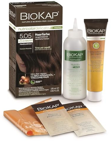 BIOKAP RAPID Permanente 2 x Haarfarbe 5.05 Haselnussbraun | NUR 10 MINUTEN EINWIRKZEIT | Bio Arganöl - TricoREPAIR Komplex - VEGAN | Optimale Grauabdeckung | Bis zu 80% natürliche Inhaltsstoffe