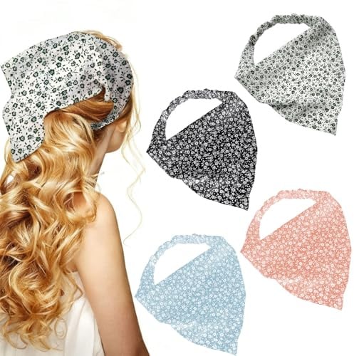 OBSEWAU 4PCS Bandana Headband, Flower Hair Bandanas for Women, Floral Bandanas Headband Elastic Head Scarf Boho Headbands Chiffon Cute Headscarf for Women Ladies Girls Elastic Hair Accessory