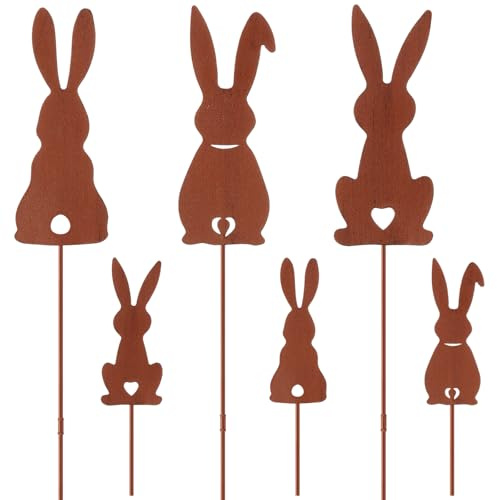 Otuuz 6er Set Groß Osterhasen Gartenstecker Ostern Gartenstecker 3 Große 60 cm Hoch 3 Kleine 18 cm Hoch Frühling Gartendeko für Draußen Metall Roststecker Terrasse Blumentopf Grabschmuck Wetterfest