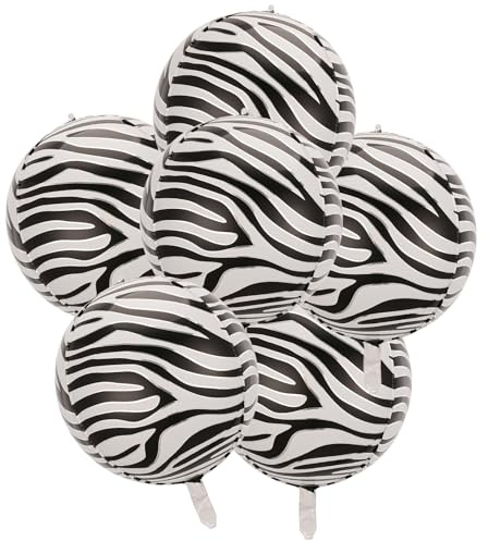 6 Pcs 22 Inch Zebra Print Balloons Jungle Birthday Party Decorations | Big Black and White Zebra Stripes 4D Round Aluminium Foil Balloons for Zoo Safari Jungle Theme Wild Birthday Party Wedding