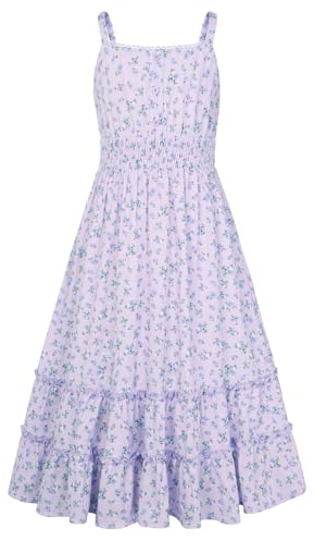 GRACE KARIN Robe à manches courtes et bretelles spaghetti pour fille - Robe florale trapèze - Robe décontractée avec élastique - Motif floral bohème - Plage