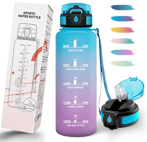 Mulbijeo Gourde Paille, Portable, Gourde 1l5, Étanche, Bouteille Sport avec Paille, Échelle de Temps et Slogans de Motivation, Bouteille d'eau pour Randonnée, Camping, Fitness, Cyclisme