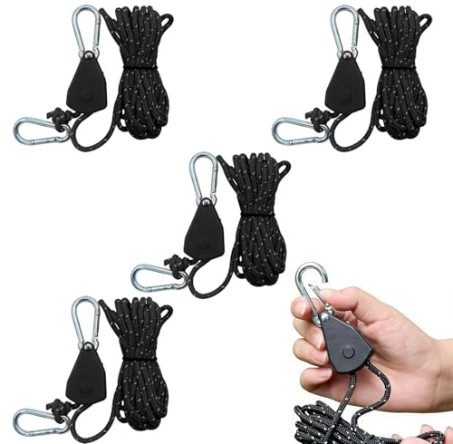 XoeLLe 4 Pack 4M Paracord Diameter 4mm Reflective Rope Roller Pulley | System Awning Storm Straps Tent Guy Ropes Lines for Awning Outdoor Camping Gazebo Hiking Picnics Grow Lights