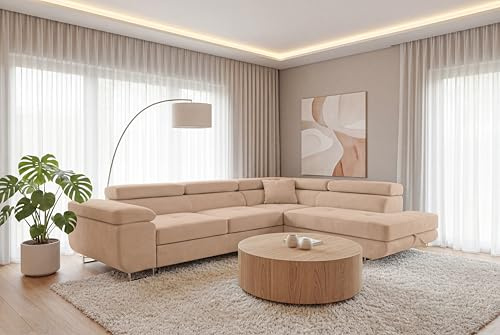 SOFILAND Ecksofa Luca L-Form mit Schlaffunktion und Bettkasten, wasserabweisender Velour, haustierfreundlich (Beige, Rechts)