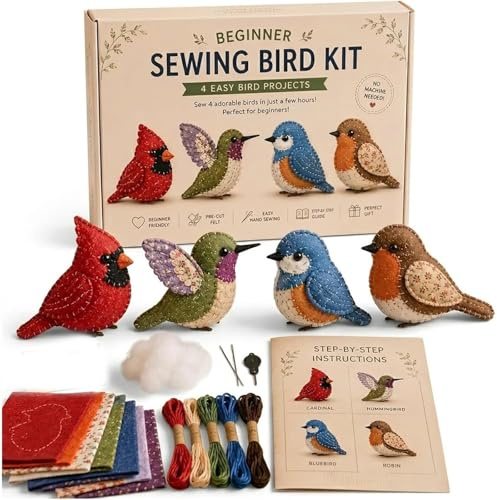 Gestepptes Vogel-Wandkunstset, DIY-Stofftier-Bastelset mit vorgeschnittenem Stoff, handgefertigtes Plüschtier-Bastelset für Erwachsene und Jugendliche, Näh- und Stickset mit Faden, Nadeln (#b)