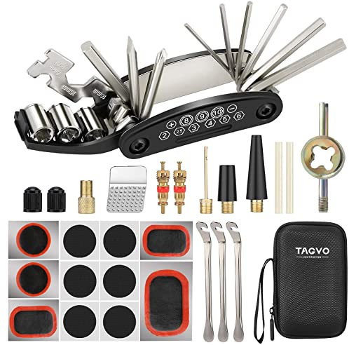 Tagvo Bike Tool Kit,16 in 1 Bike Multifunction Tool with Patch Kit & Tire Levers, Bicycle Fix Tool Kit, Bike Puncture Repair Kit,Bike Cycling Repair Tools Bundle, Cycle Maintenance Kits Set with Pouch