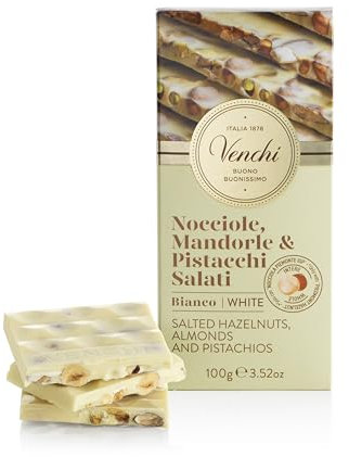 Venchi - Tablette de Chocolat Noisette Blanc Salé, 100 g, Chocolat Blanc, Noisette du Piémont IGP uniquement, Amandes et Pistaches Légèrement Salées, Sans Gluten, Sans Colorants, Sans Conservateurs