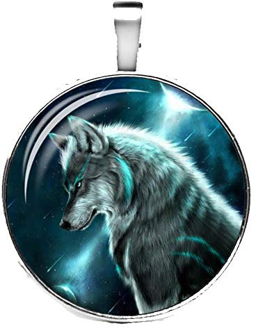 Merchandise for Fans Halskette mit Anhänger/Silberschmuck/Indianerschmuck. Farbe: Silber, Motiv: Wolf nachtleuchtend, fluoreszierend (02)