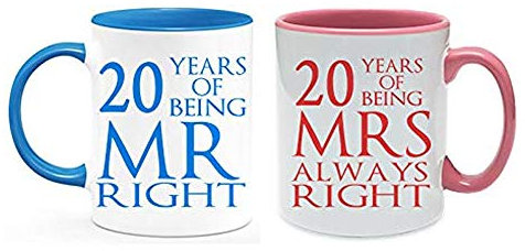 Getagift China Anniversary 20 Years of Being Mr Right & Mrs Always Right Set of 2 Wedding, Valentines Day, Coloured Couple Mug Set. (20 Years)