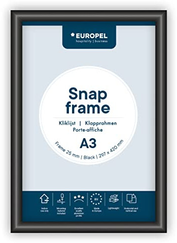 Europel Klapprahmen A3 mit 25 mm Aluminium-Profil - aufklappbarer Plakatrahmen mit Gehrungsecke - Schnapprahmen für u.a. Poster, Zertifikate, Fotos & Werbemittel - Schwarz, 355029