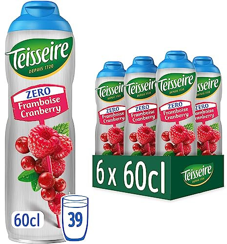 Teisseire Zéro Sucre, Sirop de Framboise Cranberry pour Boisson Rafraîchissante, Cocktails, Bidon 6x60cl