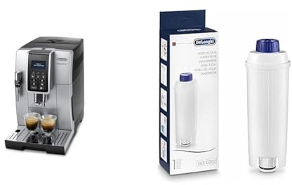 De'Longhi Dinamica ECAM 350.35.SB Kaffeevollautomat mit Profi-Milchaufschäumdüse für Cappuccino, silber & Original Wasserfilter DLSC002 - Zubehör für De'Longhi Kaffeevollautomaten, weiß