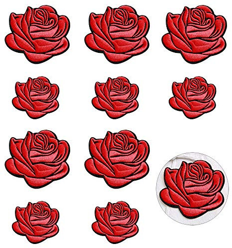 Nifocc Toppe ricamate con rose grandi e piccole, termoadesive, per vestiti, jeans, giacche, cappelli, borse, zaini, scarpe, decorazioni, colore rosso, 10 pezzi, 2 misure