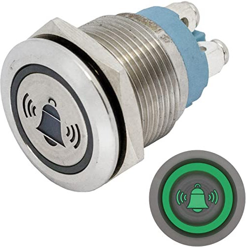 Lumonic bouton poussoir plat en acier inox, diamètre 19mm I Avec une LED verte en forme de cloche Dimensions: raccord à vis 250V 3A I Résistant au vandalisme norme IP65