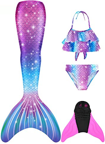 FOLOEO Meerjungfrauenflosse Mädchen Meerjungfrau Flosse für Kinder mit Bikini Set und Monoflosse, 4 Stück Set
