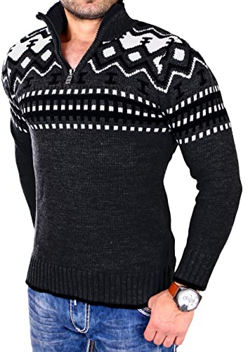Reslad Herren Strickpullover Crewneck Zipper Winterpullover für Männer Norweger Pullover RS-3110 (XL, Dunkelgrau)