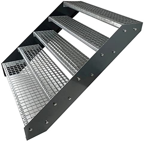 Kaminbau Mierzwa Premium Stahl Treppe Verzinkt & Anthrazit Pulverbeschichtet 5 Stufen (Breite 120 cm) (Höhe 95 cm) Wetterfest Gitterroststufe Gartentreppe