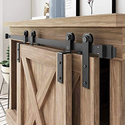 FREDBECK 5 FT Mini Cabinet Bypass Barn Door Hardware Kit Single Track 60inch Small Sliding Barn Doors Track Kit for Double Doors Storage Closet Window TV Stand Wardrobe (No Cabinet)