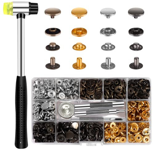 120 Botones de Presion, Remaches para Cuero de 12,5 mm con 4 Herramientas de Ajuste, 1 Martillo,Corchetes de Presion Metalicos para Ropa, Chaquetas, Jeans, Pulseras, Bolsos