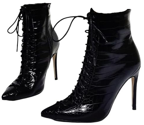 Stivaletti con tacco alto a spillo, stivaletto con tacco sottile in vernice di coccodrillo sintetico nero, Frankie Hsu New Sexy Fashion Designer Hot Chill caviglia scarpe con tacco alto per le donne,