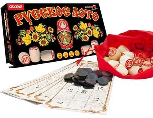Compar Bingospiel Lottospiel Russisches Lotto (Loto) Spielset mit Holzfiguren Familienspiel Matrjoschka Motiv
