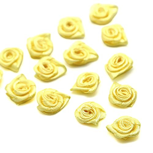 100 Stück Rosen 1.5cm kleine Kunstblumen Rosenköpfe Satinrosen Aufnäher Blumen Applikationen zum Basteln Patches Deko-Rosen Mini-Stoffrosen DIY Accessories Party Hause Hochzeit Dekoration,Gelb