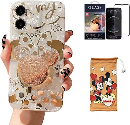 Hosiss Cartoon Case for iPhone 11 6.1'' with HD Screen Protector, Minnie Mouse with Quicksand Cell Phone Holder Strap Soft TPU Shockproof Protective for Girls Women