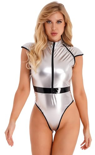 inhzoy Damen Metallic Body Space Girl Cosplay Glänzend Tanzbody Leotard Ballett Gymnastikanzug Turnanzug Party Gogo Tanzkleidung