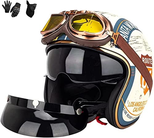 Kcolic 3/4 Vintage Jethelm Motorradhelm, Mit Sonnenblende Halbschale Brain-Cap Retro Scooter-Helm Für Motorrad Scooter Cruiser Chopper ECE Zertifiziert Herren Und Damen A,L=59-60CM
