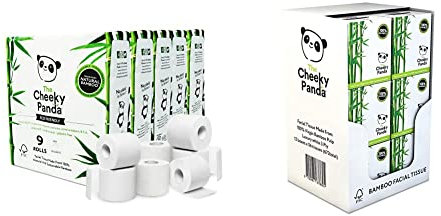 The Cheeky Panda Bamboo Toilet Rolls Bulk Buy – 45 Rolls (5 Packs of 9) | 3 Ply Toilet Paper | Plastic & Bamboo Facial Tissues | 12 Cube Tissue Boxes