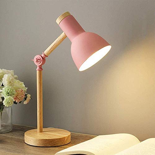 Mengjay Nordic Tischlampe Moderne Lesetischlampe Schlafzimmer Nachttischlampe mit Augenschutz Industrielle Schreibtischlampe Verstellbares E27 Holz Nachtlicht für Kinder Arbeitszimmer (Pink)