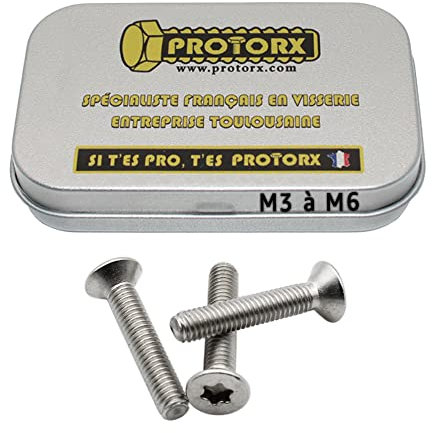 Vis Tete Fraisee Torx M3 x 16mm : Boite 30 Pcs pour Rondelles Metal Ecrou | Vis Inox Tete Fraisee Torx Acier A2 | Vis Tete Cylindrique Fraisee Anti-Rouille - DIN 965 | Boite Rangement Vis PROTORX