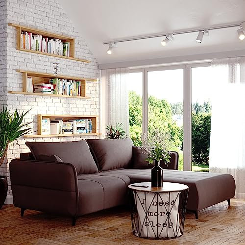 Sofa Isabell mit Bettkasten Schlafsofa Polstersofa mit Schlaffunktion Klappsofa Couch mit Schwarzen Füßen Sofagarnitur Wohnzimmer Gastzimmer (Sofa L-Form, Braun)