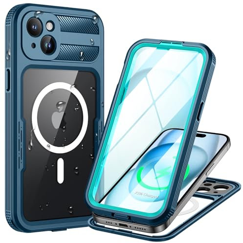 Lanhiem for iPhone 15 Waterproof Case , [Compatible with MagSafe] Heavy Duty Shockproof Dustproof Cover with Built in Screen Protector , Front and Back Magnetic Case for iPhone 15 - 6.1 inch (Blue)