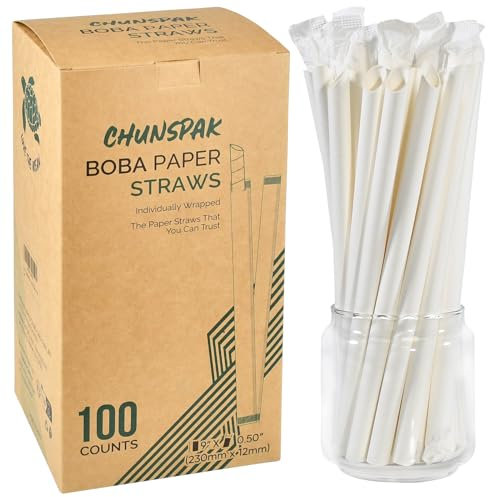 Pajitas de papel blanco biodegradables, desechables, de 23 cm de largo, 12 mm de ancho, extremo puntiagudo, 100 unidades, empaquetadas individualmente, para hogar y restaurante