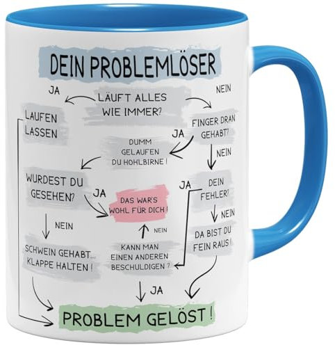 OM3® lustige Tasse mit Spruch - Problemlösung auf der Arbeit - Problemlöser | Keramik Becher | 11oz 325ml | Beidseitig Bedruckt | Hellblau
