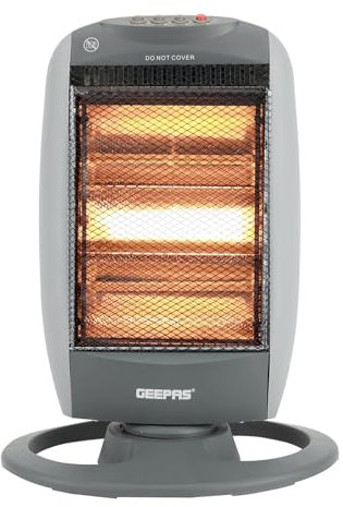 Geepas 1200W Halogen Heater, Pack of 2 | Instant Heating Portable Heater, 3 Heat Settings 400/800/1200W| Oscillation Function, Carry Handle & Safety Tip Over Switch | 3 Bar Radiator Home Office, Grey