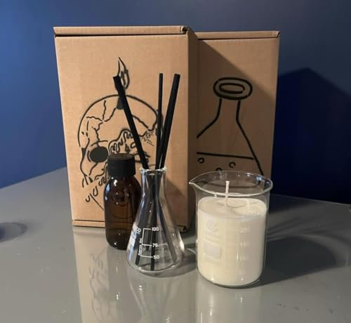 lab Science Chemistry Beaker 250ml Candle and lab conical Reed Diffuser Gift Set Boxed (Sandalwood)